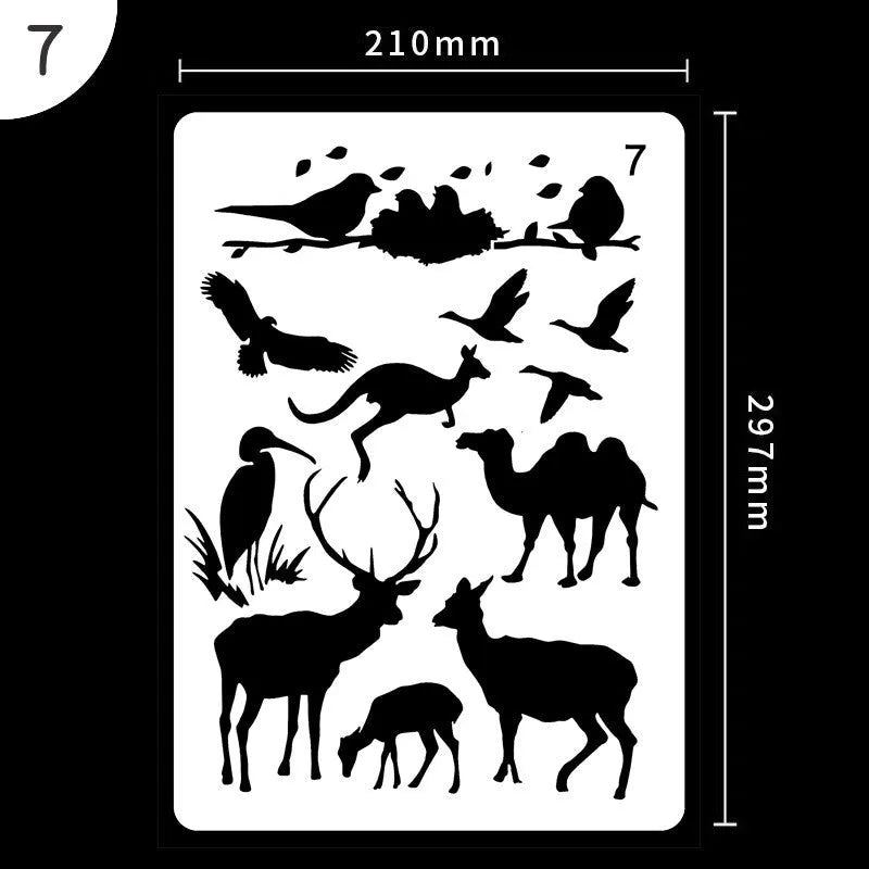White drawing stencil set showing assorted artistic patterns including geometric shapes and mandala designs