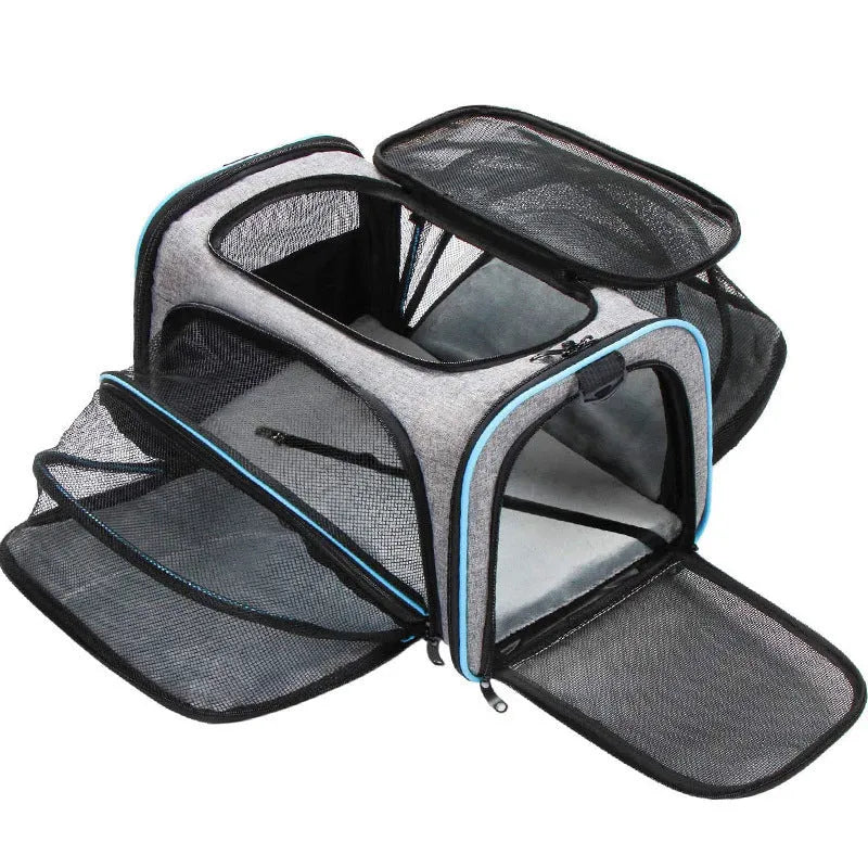 Medium hardness cat carrier bag in 600D cation fabric with piping trim detail