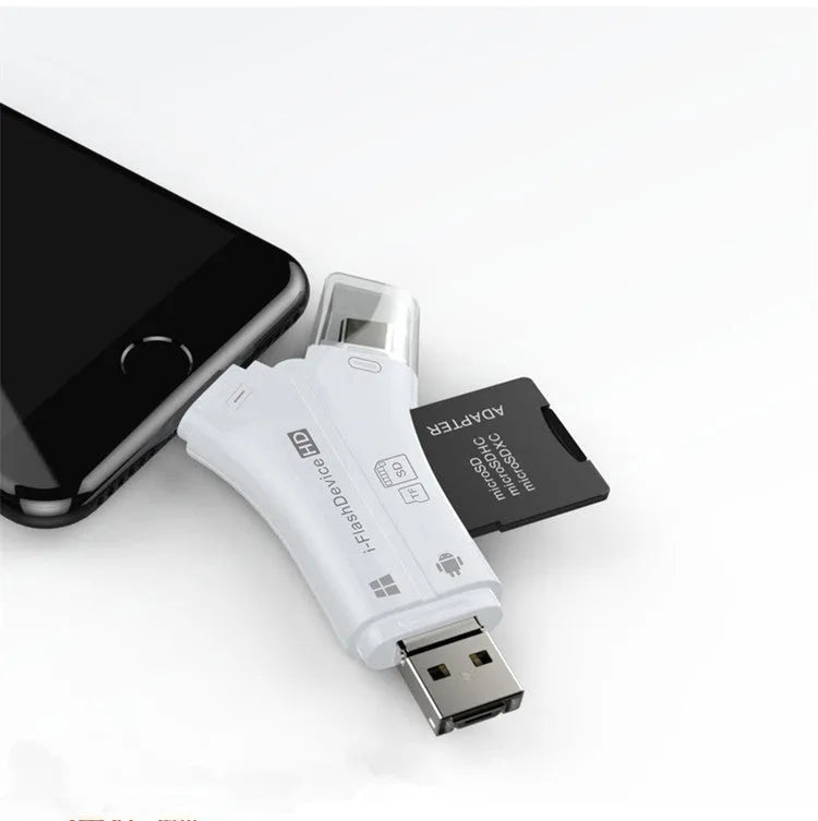 White 4-in-1 mobile phone card reader for Apple iPhone and Android devices with SD and MicroSD slots
