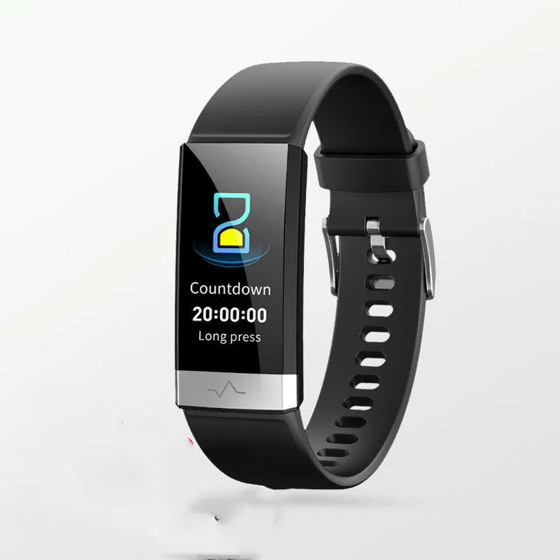 V19 smart fitness tracker with colour display on a blue TPU wrist strap, showing health metrics.