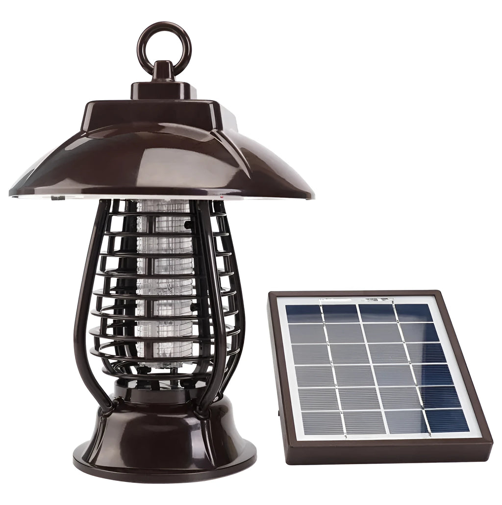 White and black solar mosquito lamp with solar panel, 24 LEDs, and two-way switch for outdoor insect control.
