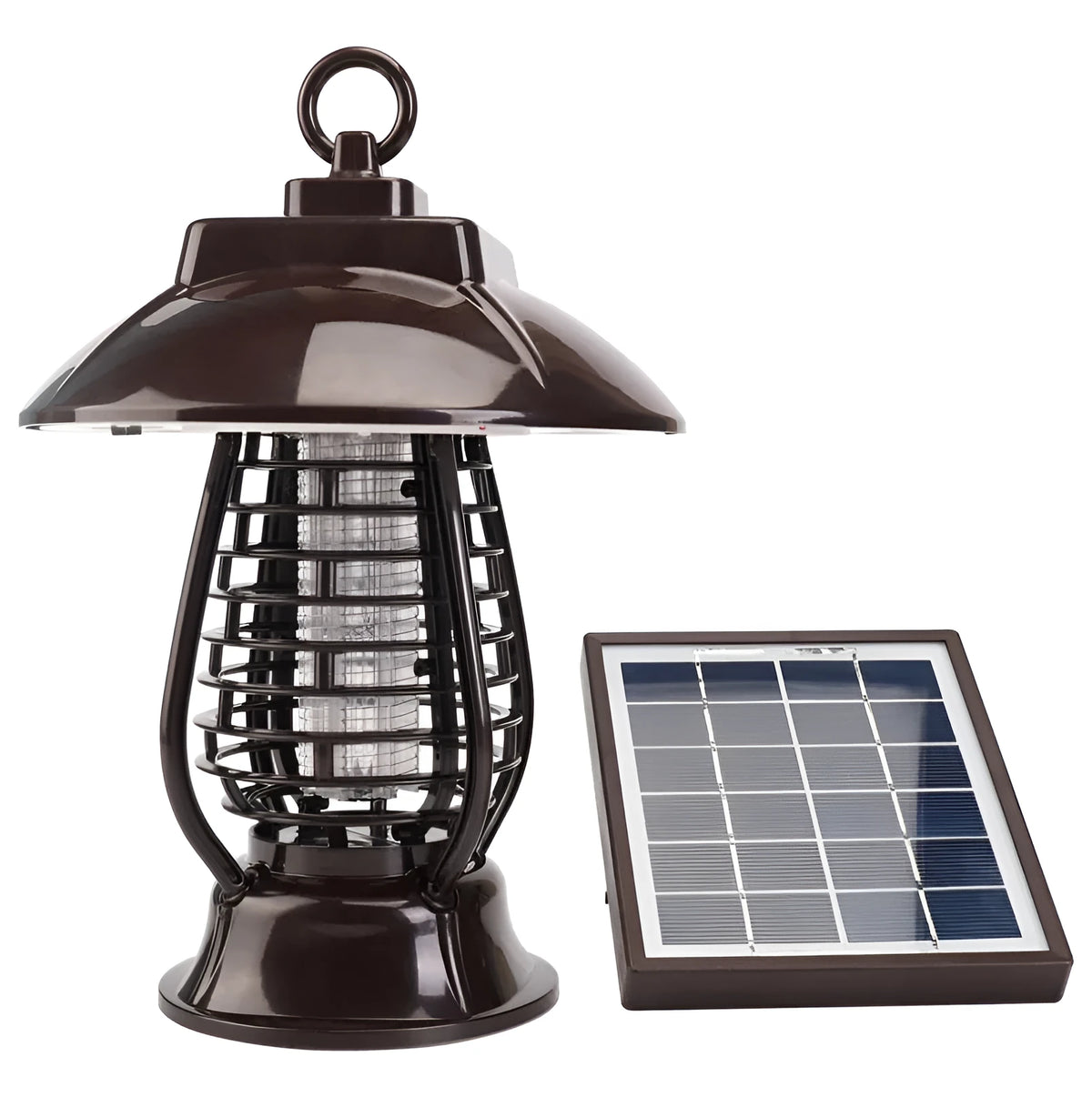 White and black solar mosquito lamp with solar panel, 24 LEDs, and two-way switch for outdoor insect control.