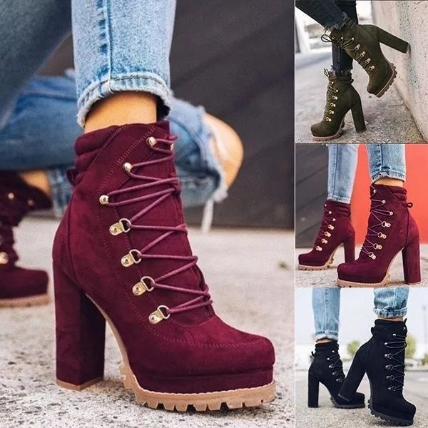 Women's suede ankle boots with thick heels, buckle straps, and rivet details in four colour options