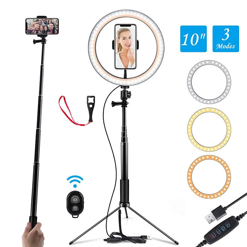 Black aluminium selfie stick tripod extended to full height with smartphone attached