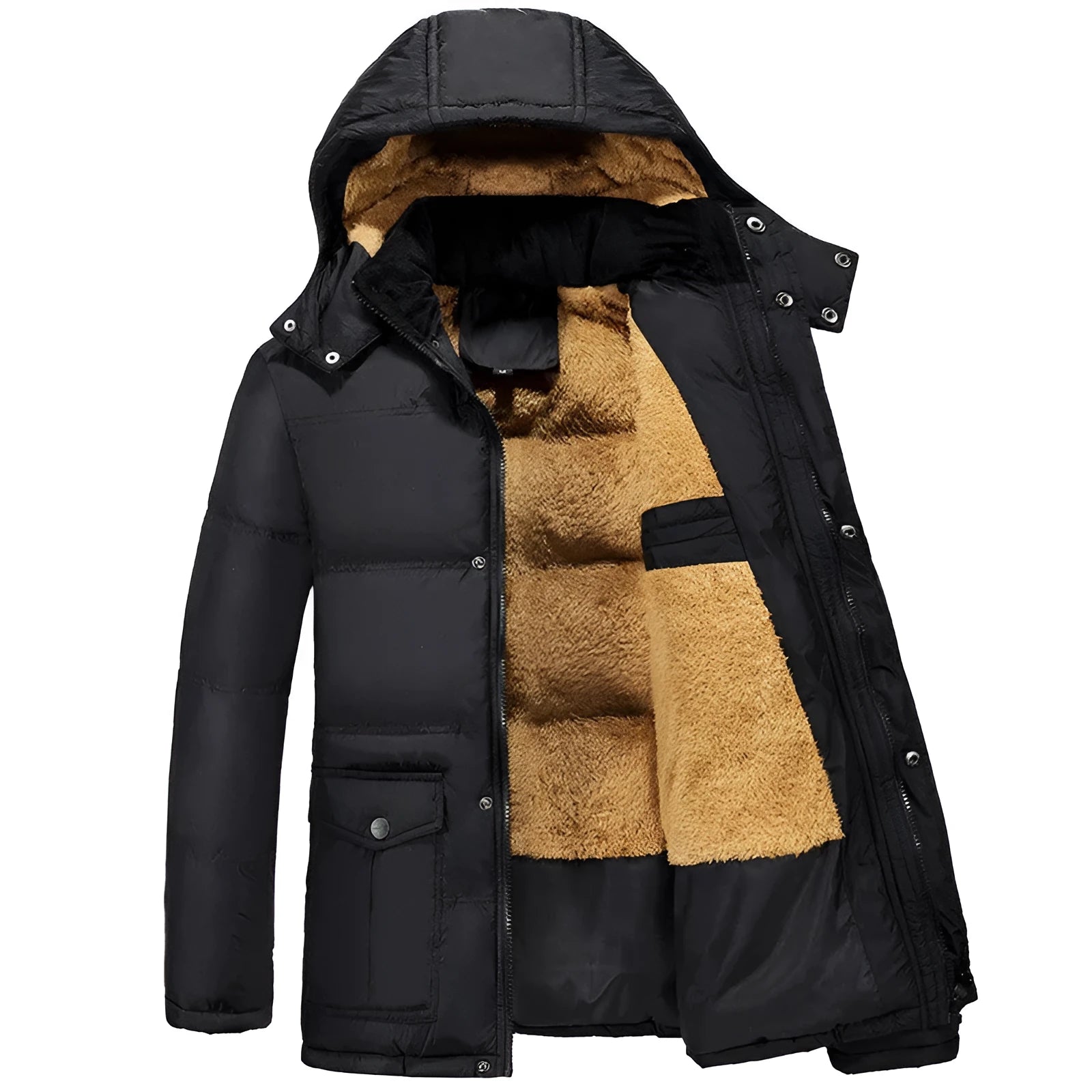 Men's black hooded winter jacket with velvet padding and double-breasted design