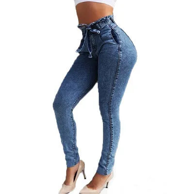 Fringed distressed jeans in cowboy fabric, shown in grey, dark blue, and light blue colours.