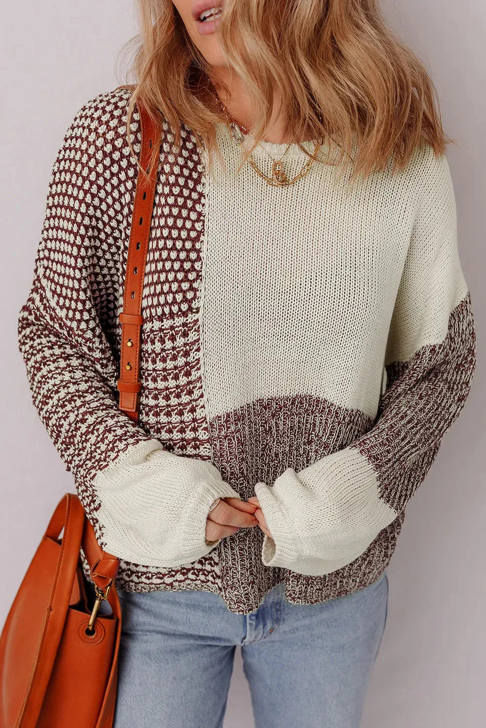 Dark khaki loose-fit sweater with colour block pattern and back tie detail