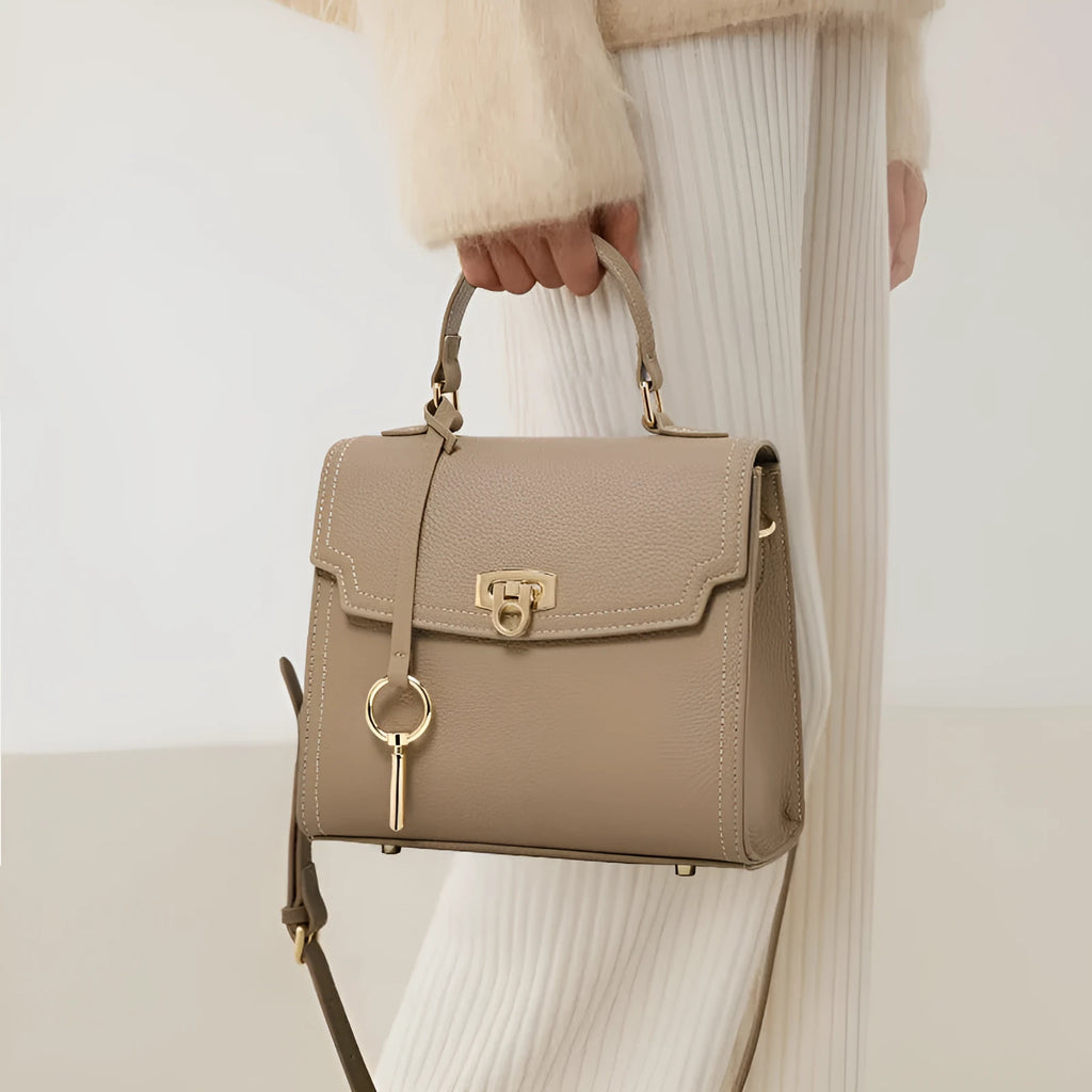 Elephant grey vintage lock handbag with litchi pattern and double shoulder straps
