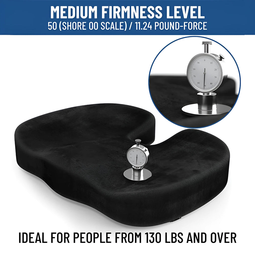 Black flannel U-shaped memory foam seat cushion showing dimensions and tailbone relief design