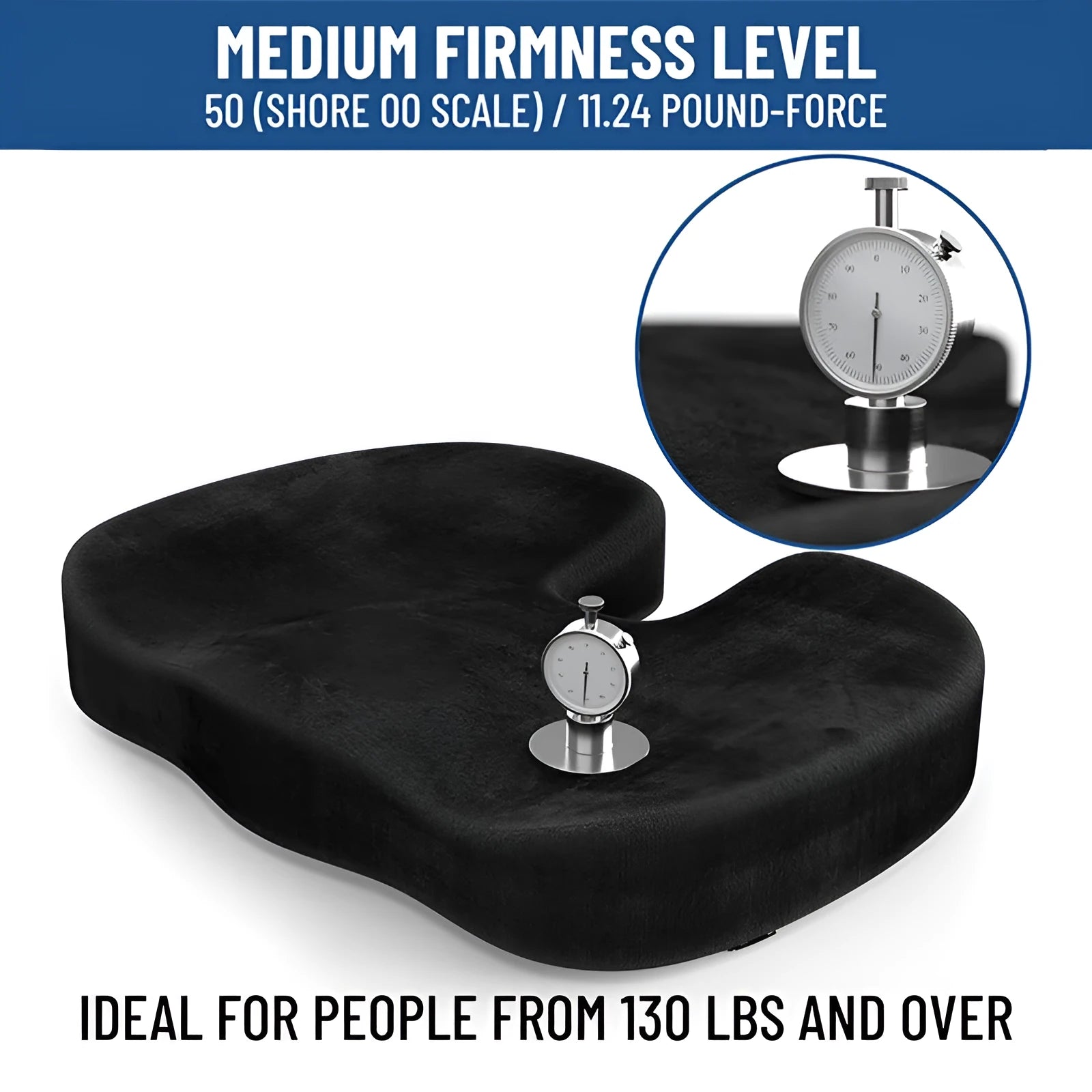 Black flannel U-shaped memory foam seat cushion showing dimensions and tailbone relief design
