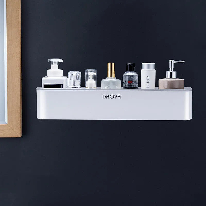 Plastic bathroom wall shelf with hole-free installation for shampoo and shower gel storage