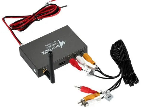 Black car mirror link box Wi-Fi converter with power cable, antenna, AV cable and user manual
