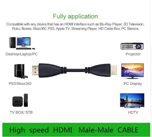 Gold-plated male HDMI cable on a white background, available in lengths from 0.3 to 5 metres.