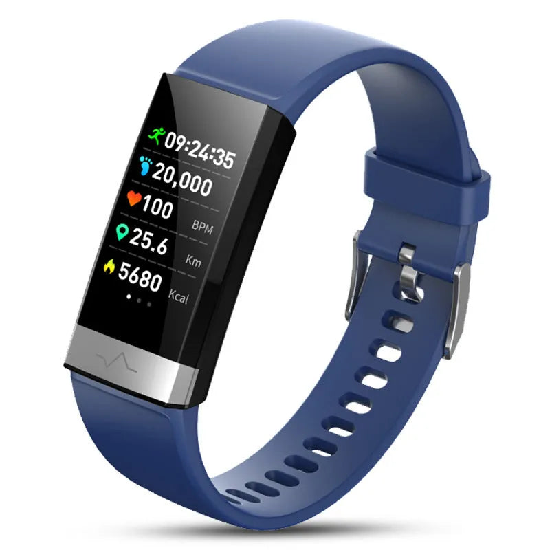 V19 smart fitness tracker with colour display on a blue TPU wrist strap, showing health metrics.