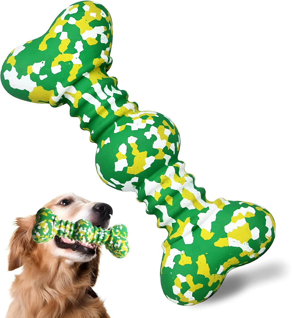 Natural rubber dog chew toy with camouflage pattern for large breed aggressive chewers in green, white, and yellow colours