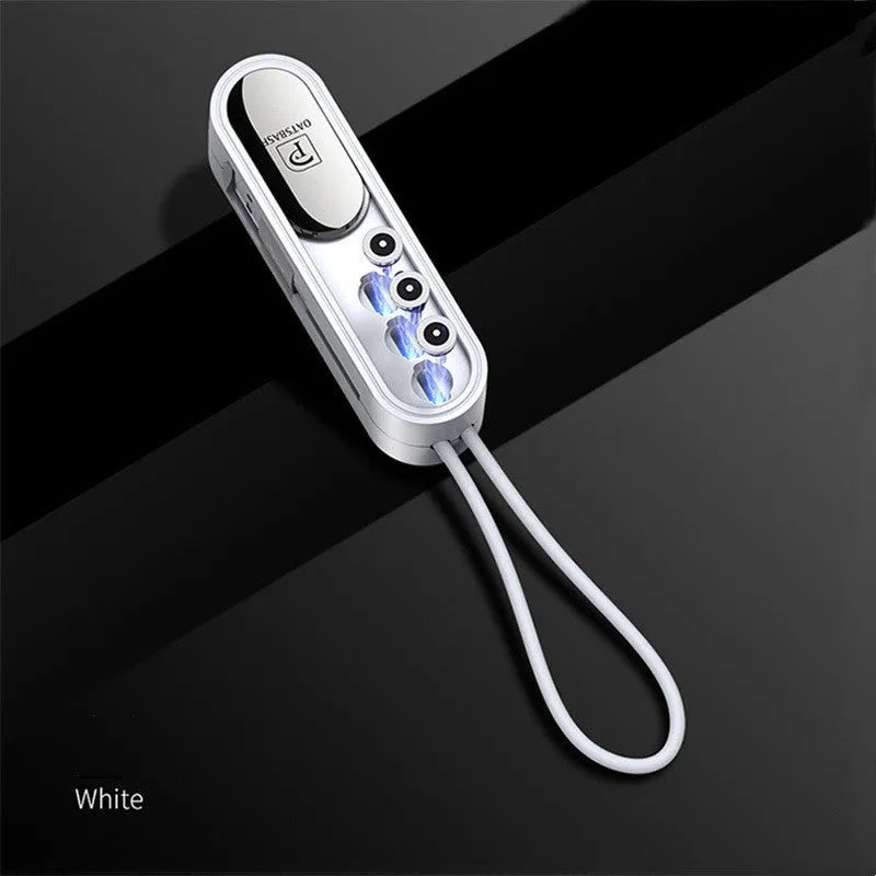 Black magnetic three-in-one charging cable with three connectors extending from single USB end