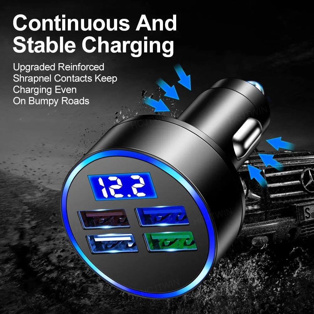 Black four-port USB car charger with cigarette lighter plug
