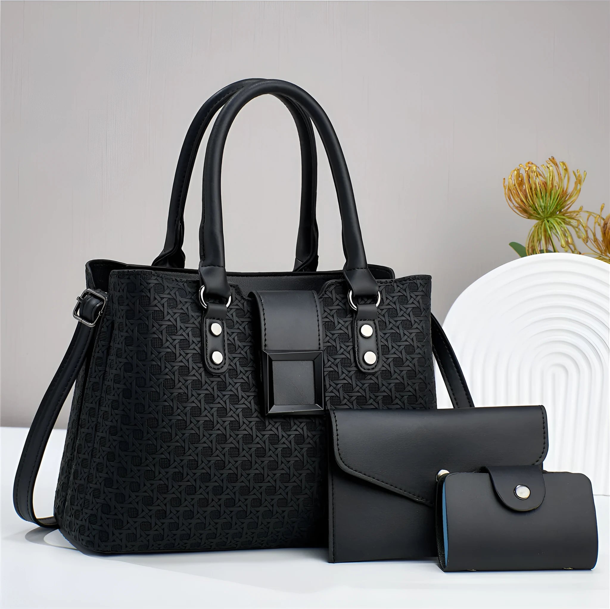 Textured large capacity women's crossbody bag set in multiple colours showing internal compartments