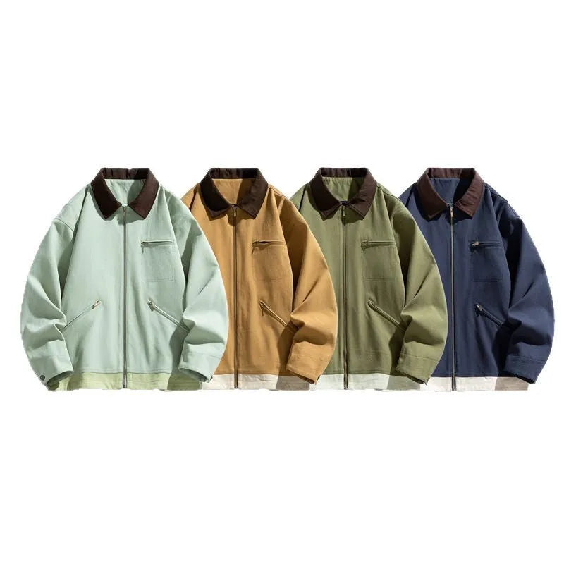 Mens loose fit retro workwear jacket with contrast lapels and side seam pockets