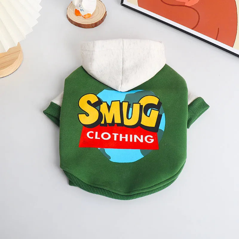 Green cotton dog jumper on a dog, showing autumn winter pet clothing style