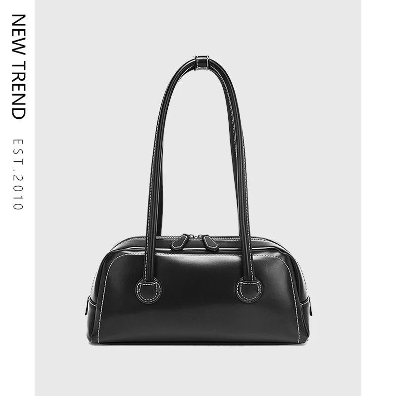 Retro PU underarm bag for women, horizontal square 31x9x14 cm, with zipper phone and file pockets.