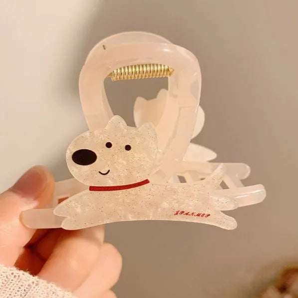 Cartoon puppy handle hair barrette in Korean style, shown in beige and brown colour options