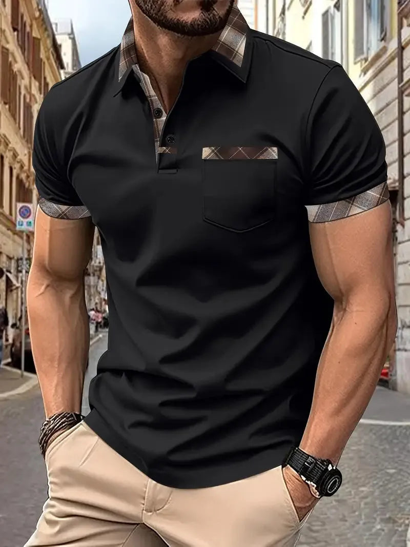 Men's loose fit plaid colourblock T-shirt with zipper decoration details on short sleeves