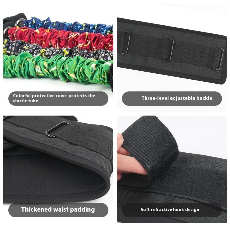 TPE chest expander elastic belt with red, blue, black and green sleeves indicating different resistance levels