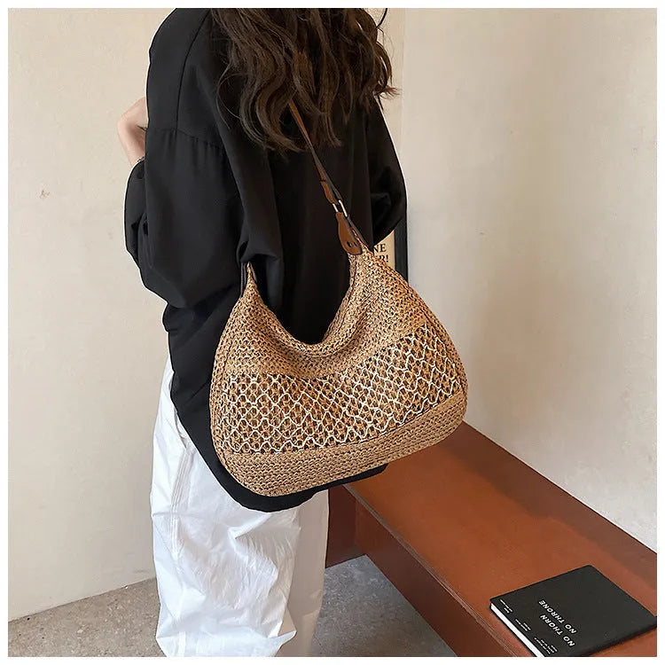 Women's straw cross body bag in khaki colour with horizontal square design and sandwich pocket