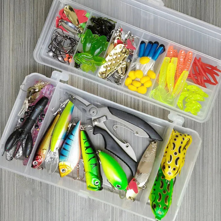142-piece fishing lure kit showing hard minnow lures with sequins, metal fishing pliers, and various bait designs
