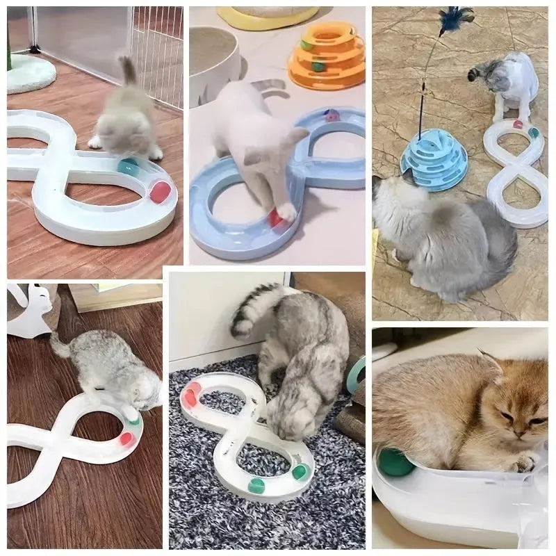 Blue and white plastic cat toy set with turntable track, tease sticks, and balls on a 50cm base