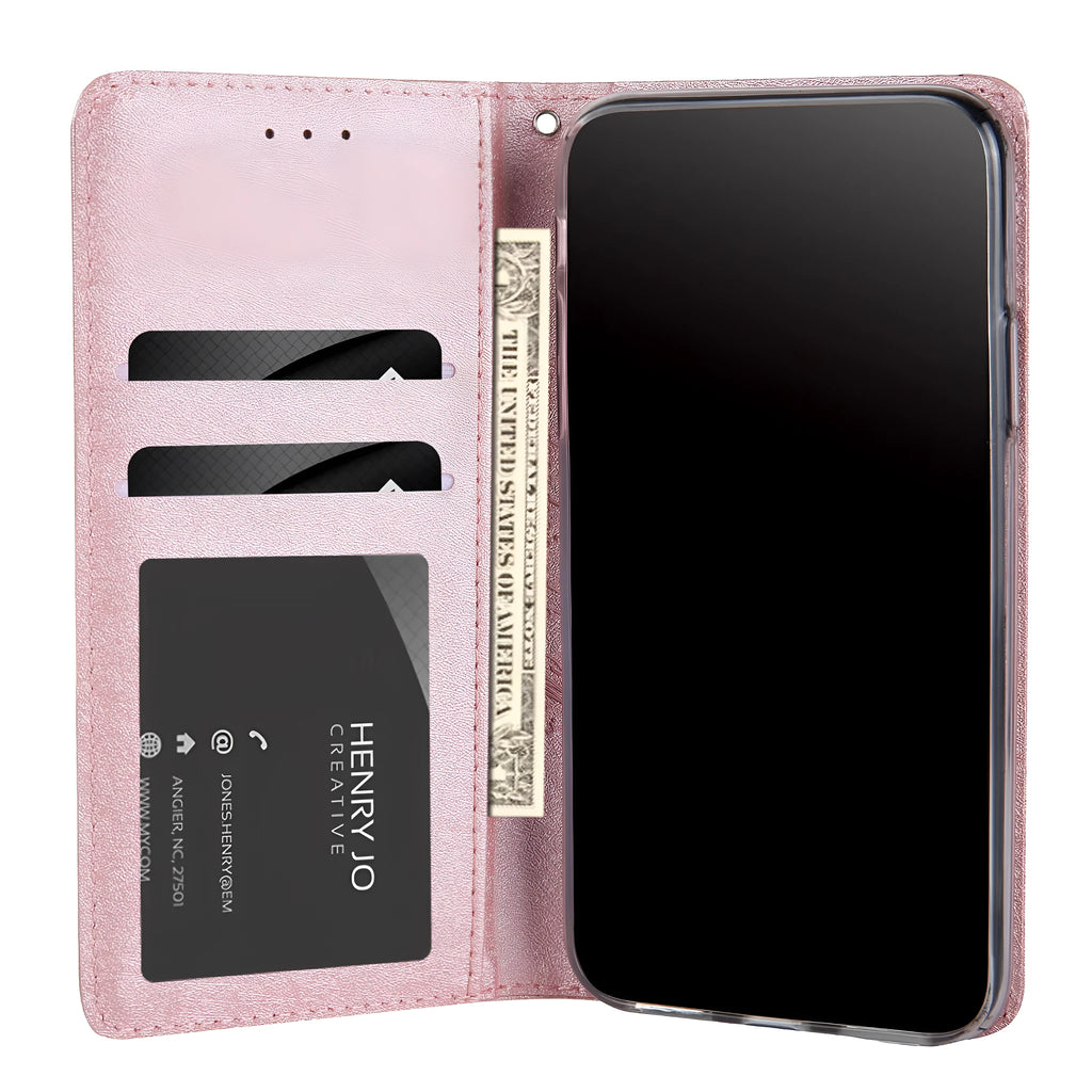 PU leather flip phone case for iPhone with card slots shown in multiple colours