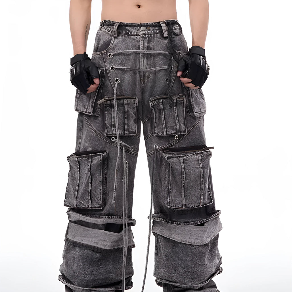 Women's grey distressed denim overalls with mop pant silhouette and rope stitching details
