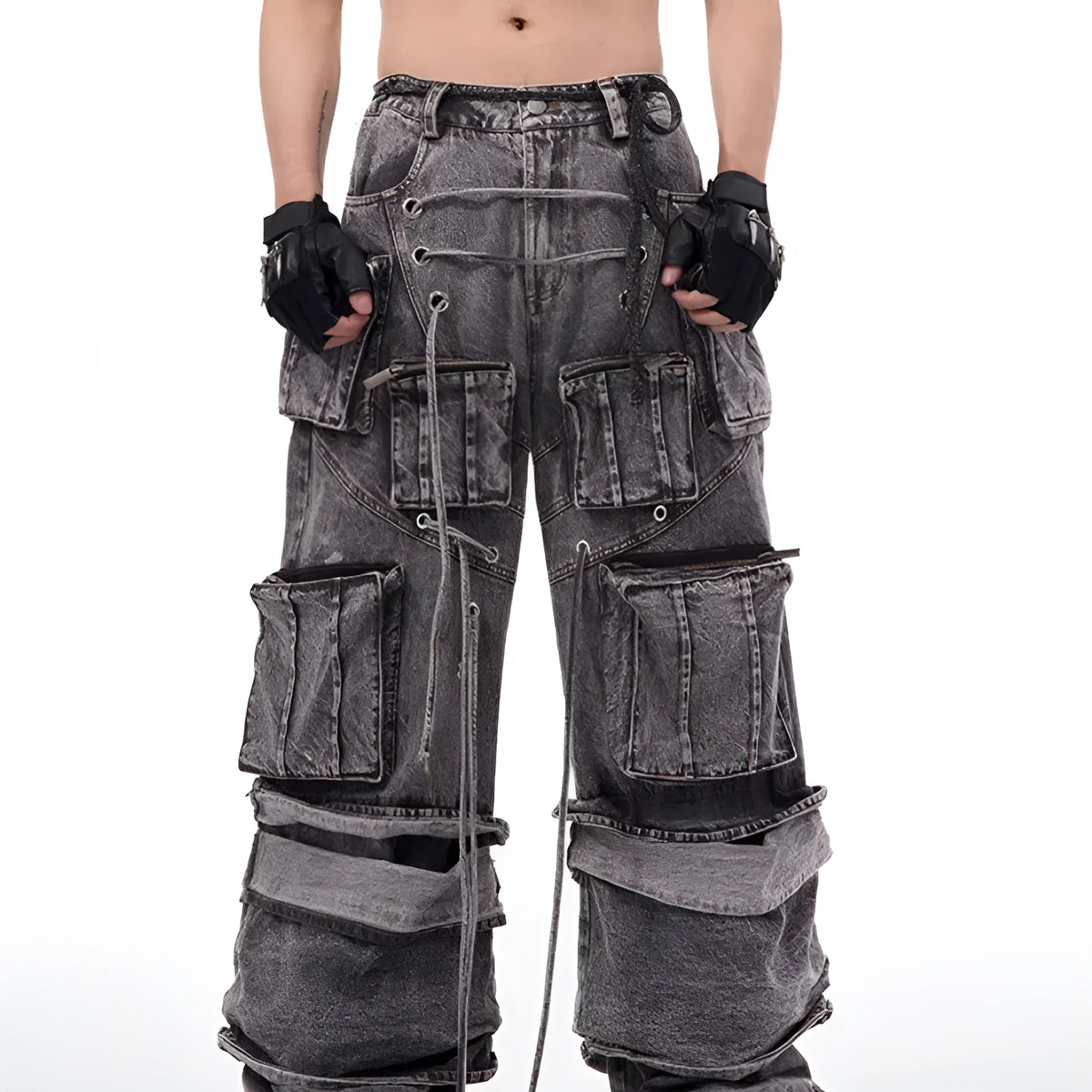 Women's grey distressed denim overalls with mop pant silhouette and rope stitching details