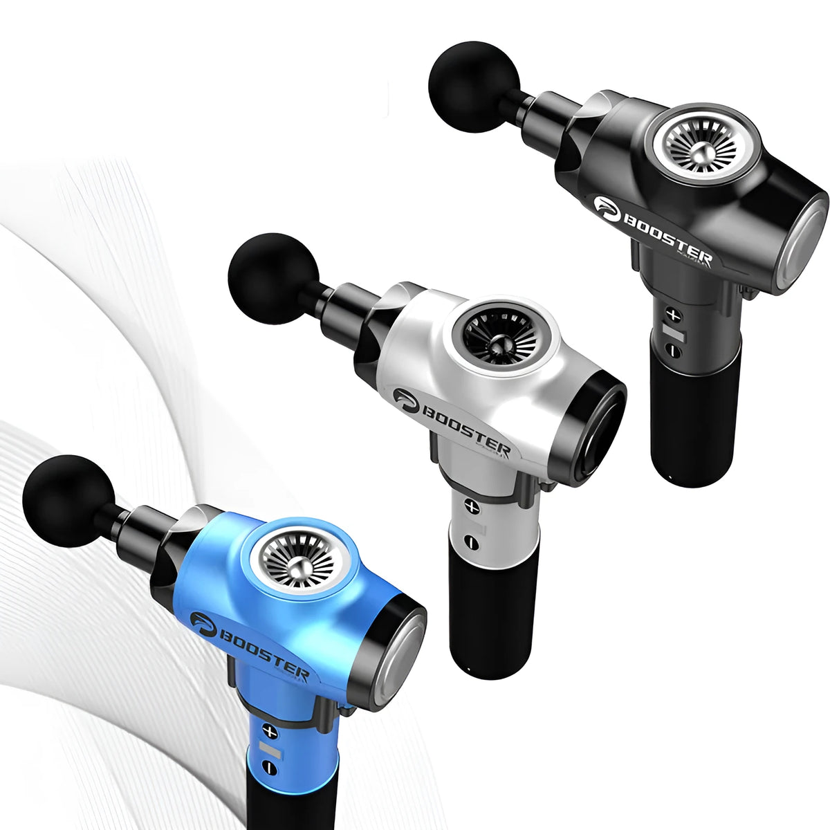 Black and white muscle massage gun with lithium battery and adjustable speed control