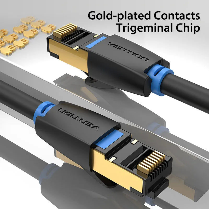CAT8 ethernet cable with RJ45 connector, available in flat and round styles in various lengths.