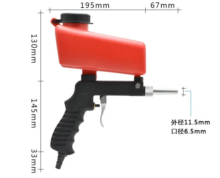 Portable black and blue pneumatic sandblasting gun with gravity-feed pot for rust removal and descaling.
