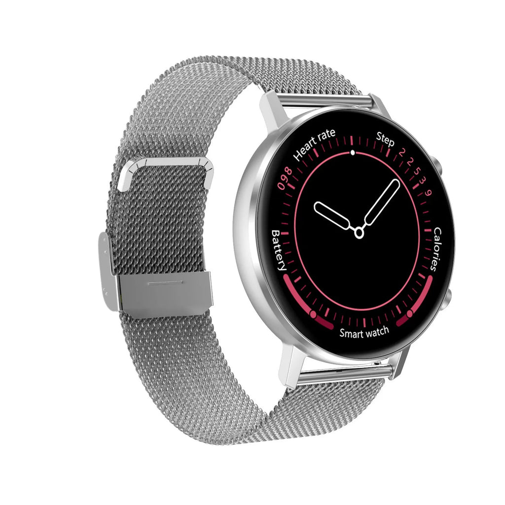 DT96 smart bracelet with steel strap and colour touch screen in black, rose gold, and silver