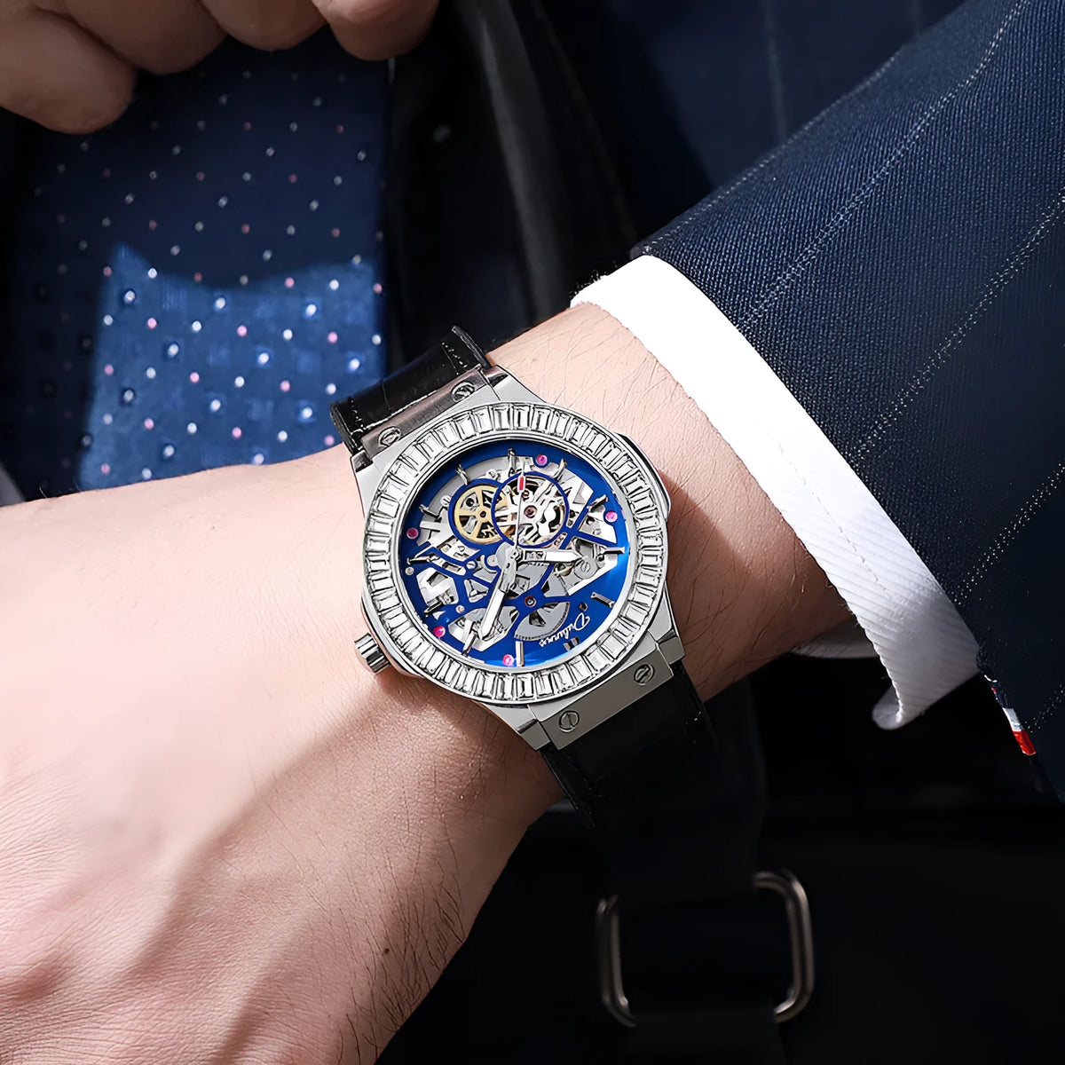 Automatic mechanical men's watch with diamond-studded bezel and visible hollow movement in white shell case