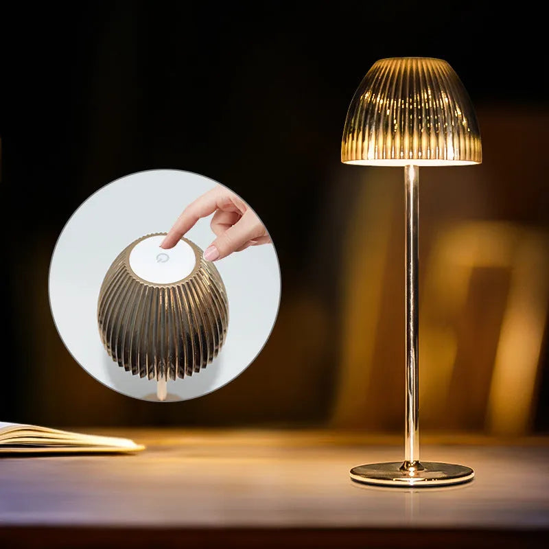 Small modern night lamp with dimming controls and thin round base in black or white colour options