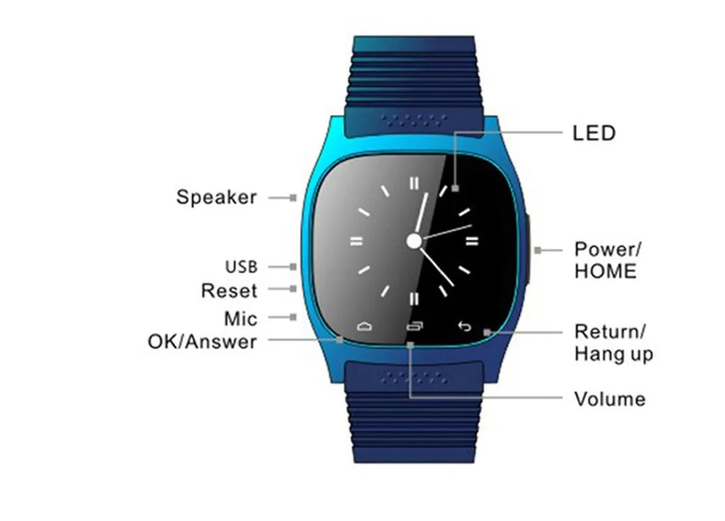 Smart Bluetooth sports watch compatible with Apple and Android phones in white, blue or black
