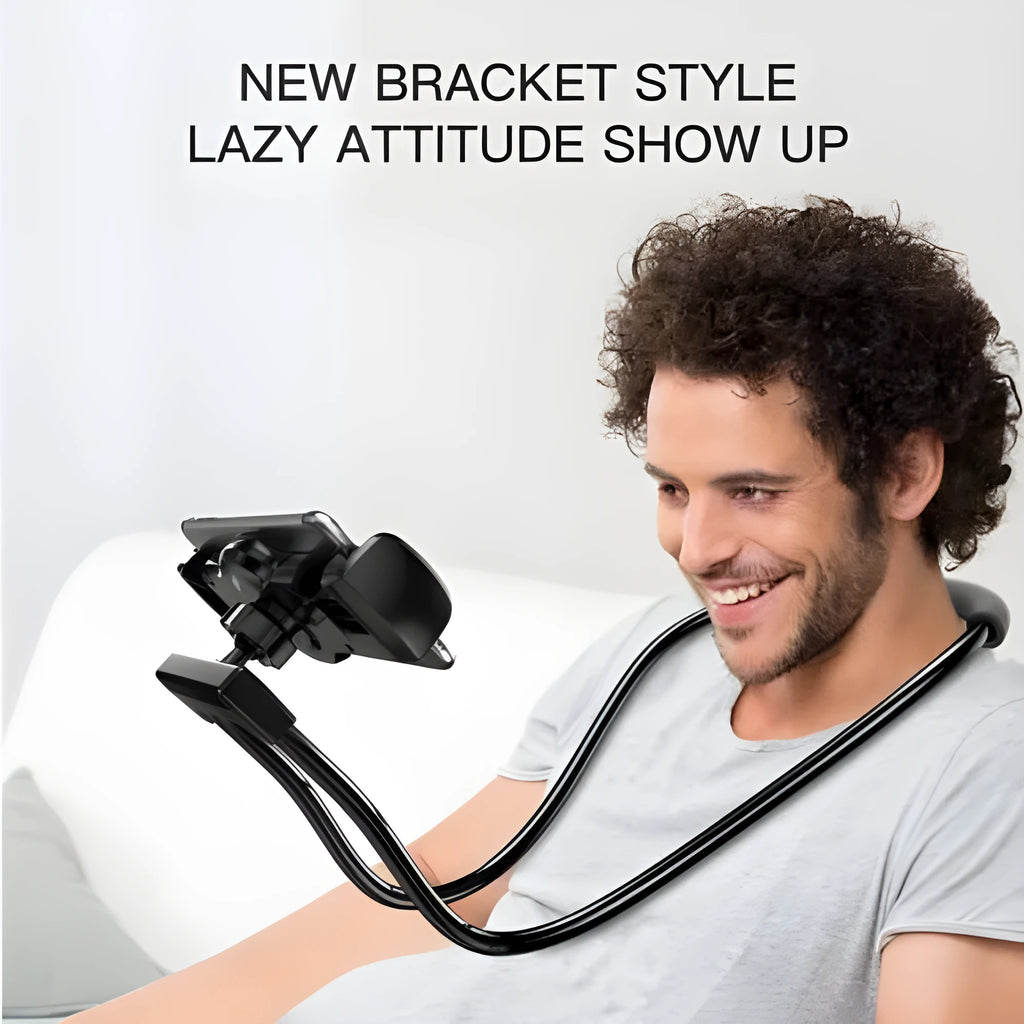 Black Baseus flexible gooseneck phone holder showing neck hanging and 360-degree adjustment with shockproof support.