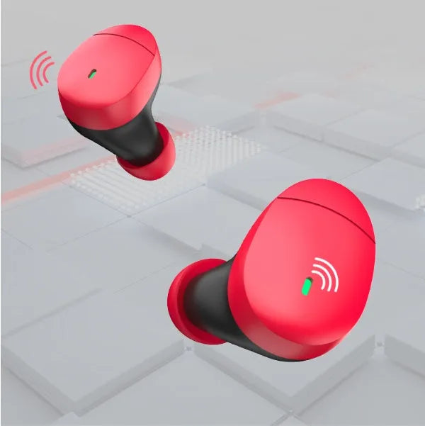 Flame red Qualcomm TWS 3040 Bluetooth 5.2 wireless earplug headset with charging cable.