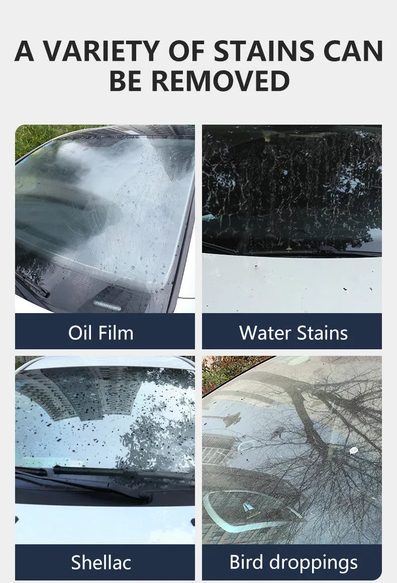 Glass oil film remover cleaning cream in 50ml, 100ml, and 200ml formats for car and window cleaning.