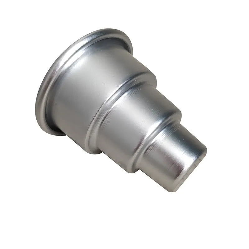 Silver aluminium alloy mini three-layer cake mould set showing large, medium, and small sizes.