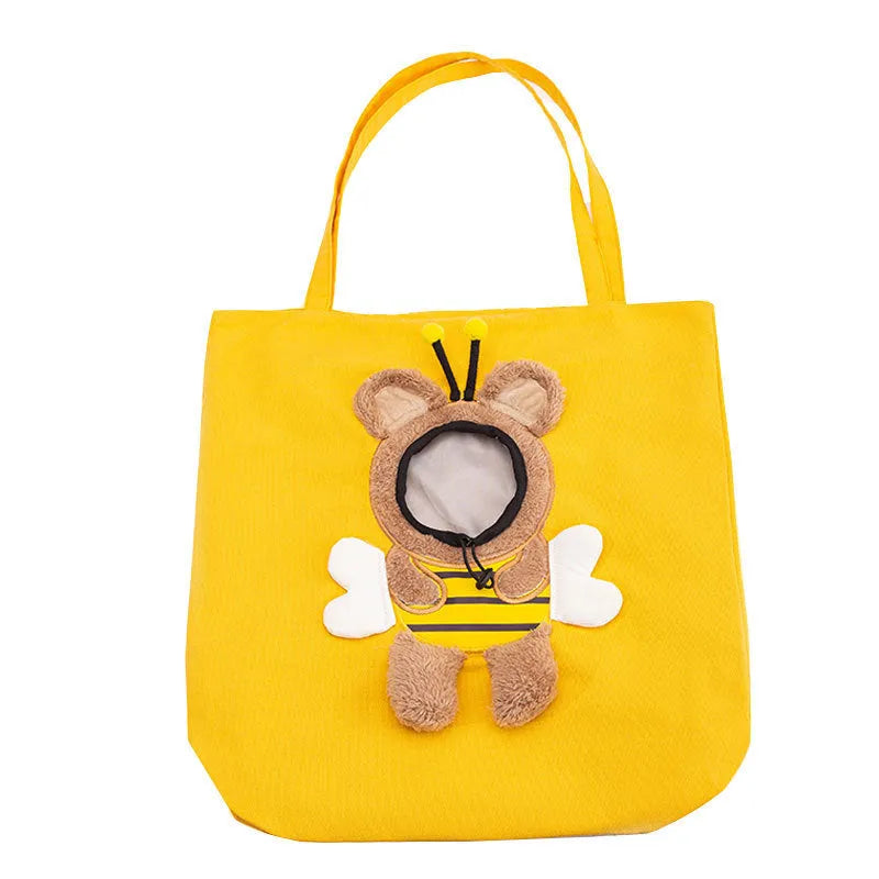 Canvas pet carrier bag with safety zippers, adjustable side opening, and 3D animal pattern in blue, grey, or yellow.