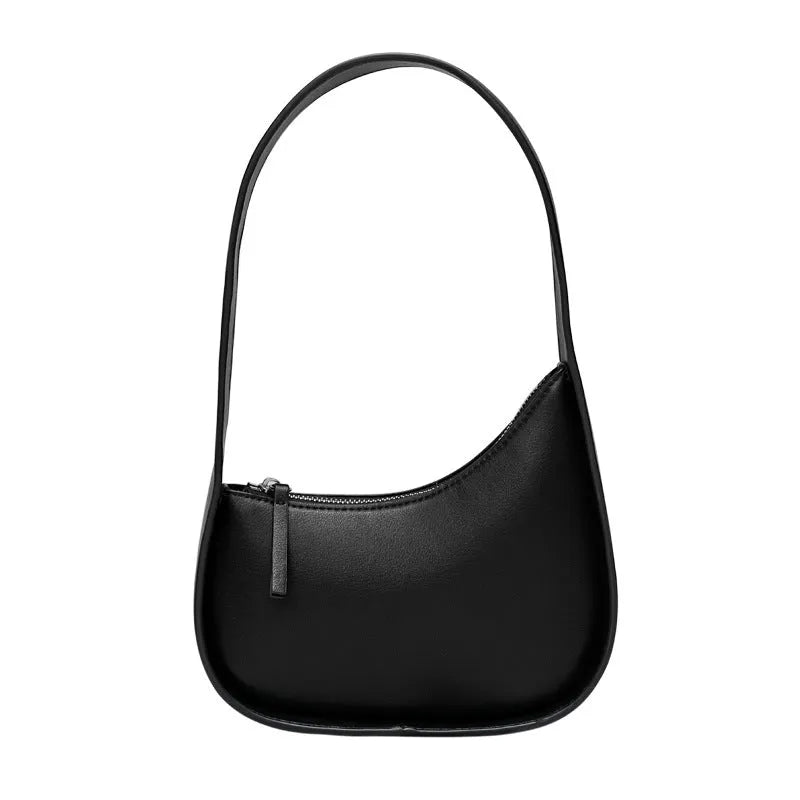 Half moon shaped leather women's shoulder bag with wide strap
