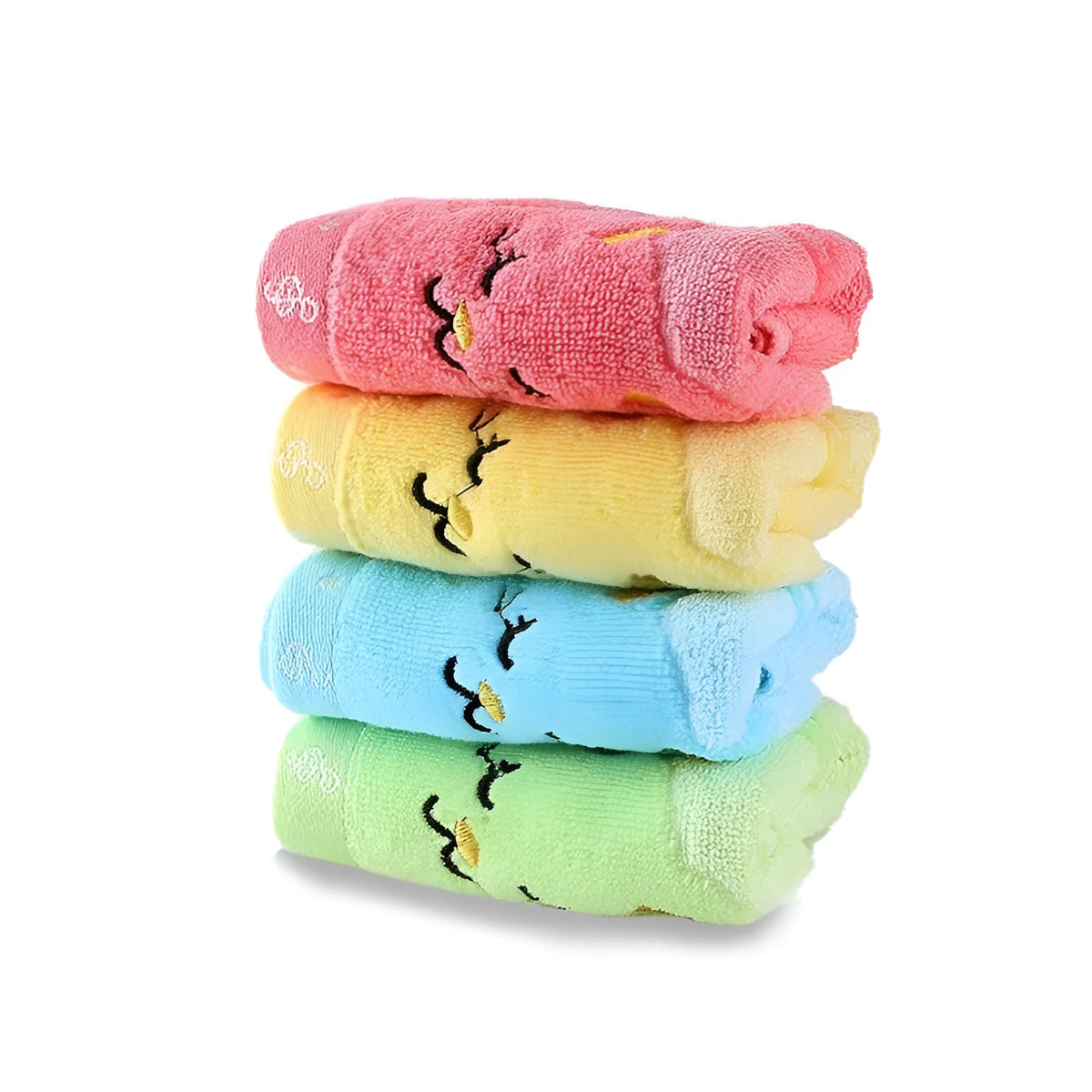 Bamboo fibre and cotton kitten face towel, 25 x 50 cm, shown in blue, green, pink or yellow