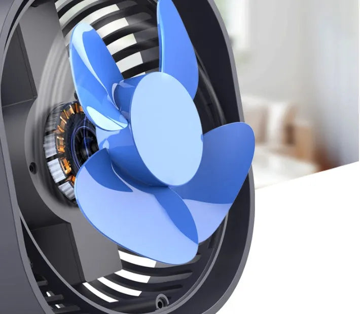 USB-powered desktop fan with alarm clock style in blue, pink, green, or white, showing 360-degree rotation.