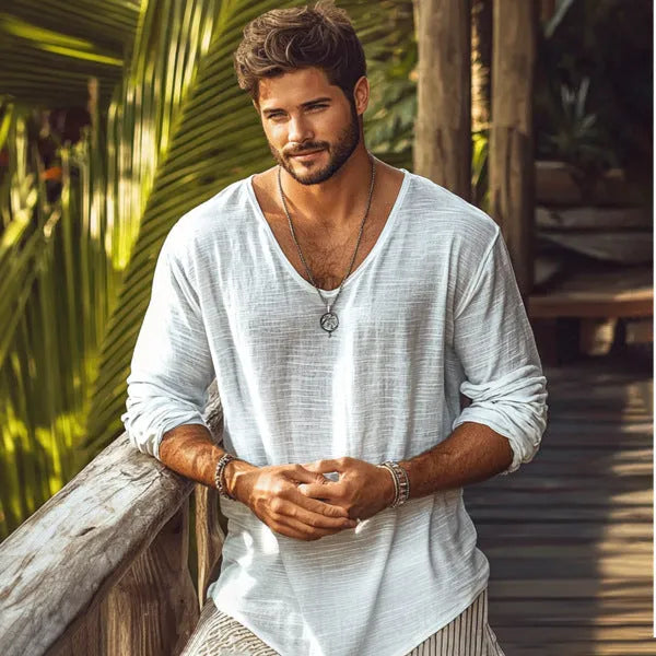 Beige V-neck long-sleeved slim fit t-shirt on a hanger showing front design
